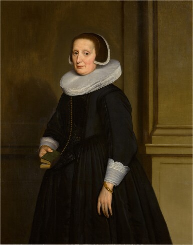 View full screen - View 1 of Lot 131. Portrait of a lady, three-quarter length, holding a bible.