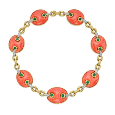 View full screen - View 1 of Lot 25. Gold, Coral, Emerald and Diamond Necklace.