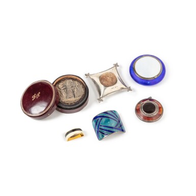 View full screen - View 1 of Lot 465. A group comprising a medal, two pill boxes, a needle cushion and two buckles, 20th century | .