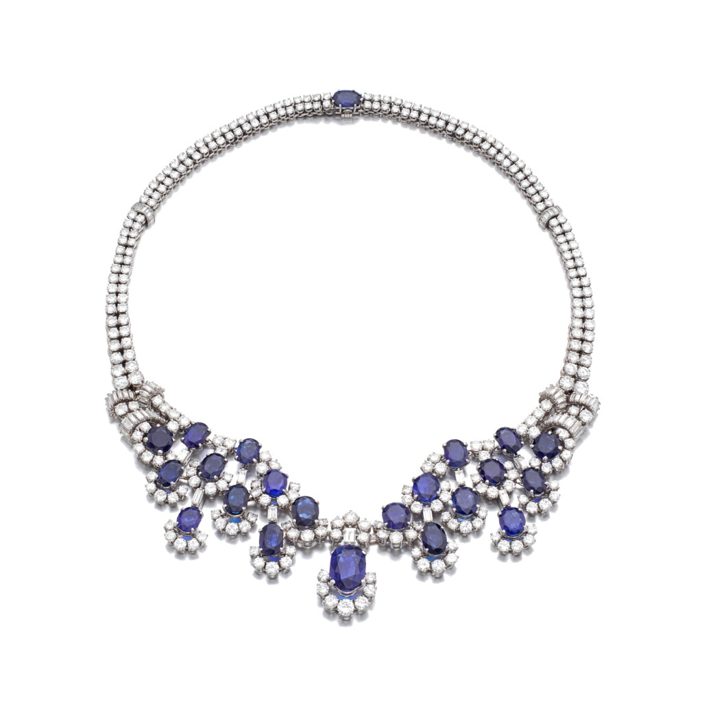 View full screen - View 1 of Lot 708. Sapphire and diamond necklace.