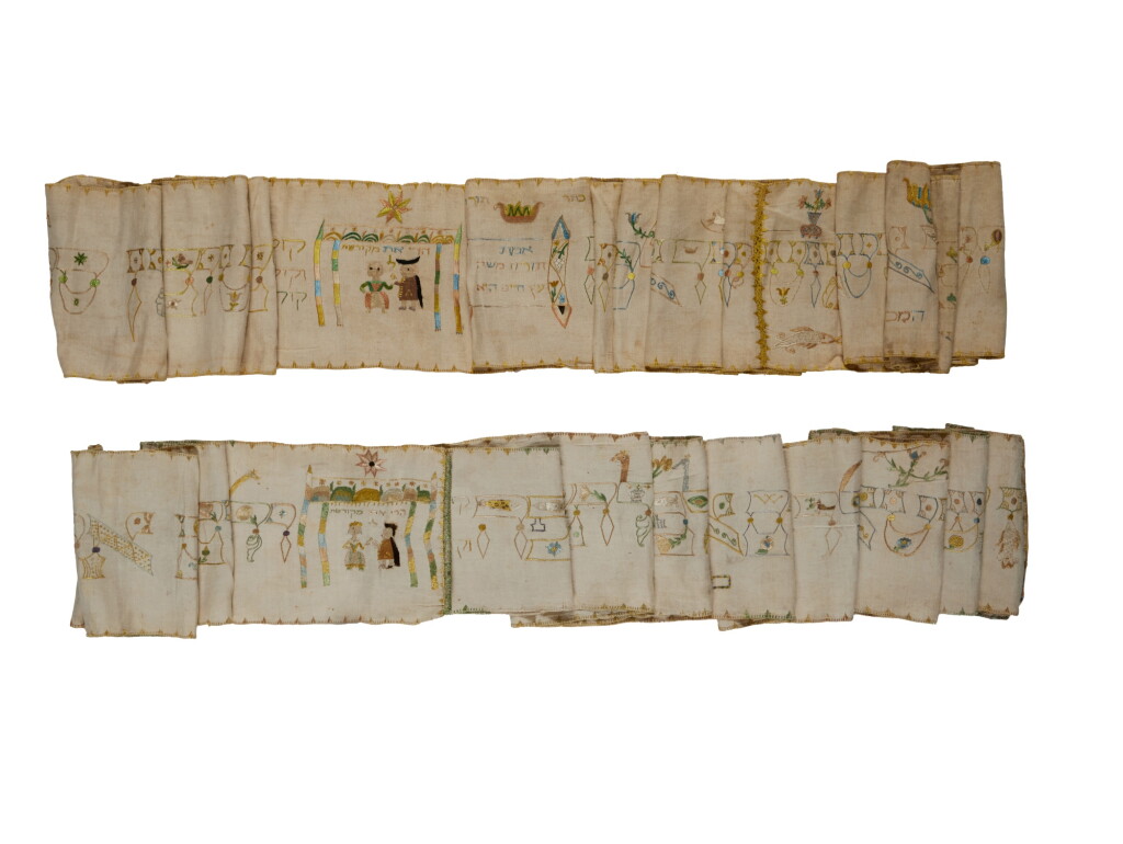 View full screen - View 1 of Lot 132. Two Embroidered Torah Binders (Wimpels), Germany, 1749 and 1752.