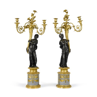 View full screen - View 1 of Lot 28. A Pair of Louis XVI Style Four-Light Gilt-Bronze and Bleu Turquin Marble Figural Candelabra inspired on a design by Jean Francois Foucou, Stamped and Dated Henry Dasson, 1872.
