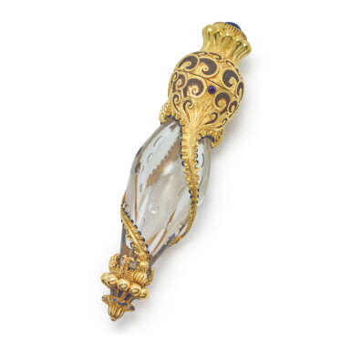 View full screen - View 1 of Lot 1830. AN AMERICAN GOLD, ENAMEL, AND SAPPHIRE MOUNTED PERFUME FLASK, POSSIBLY BY TIFFANY & CO., NEW YORK, LATE 19TH CENTURY.