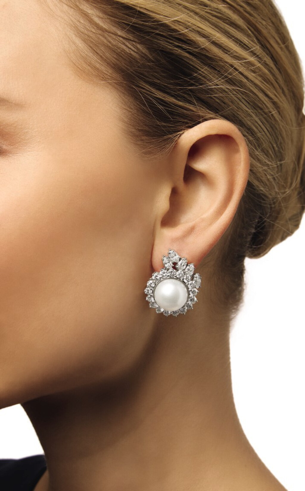 View full screen - View 1 of Lot 153. PAIR OF CULTURED PEARL AND DIAMOND EARCLIPS.