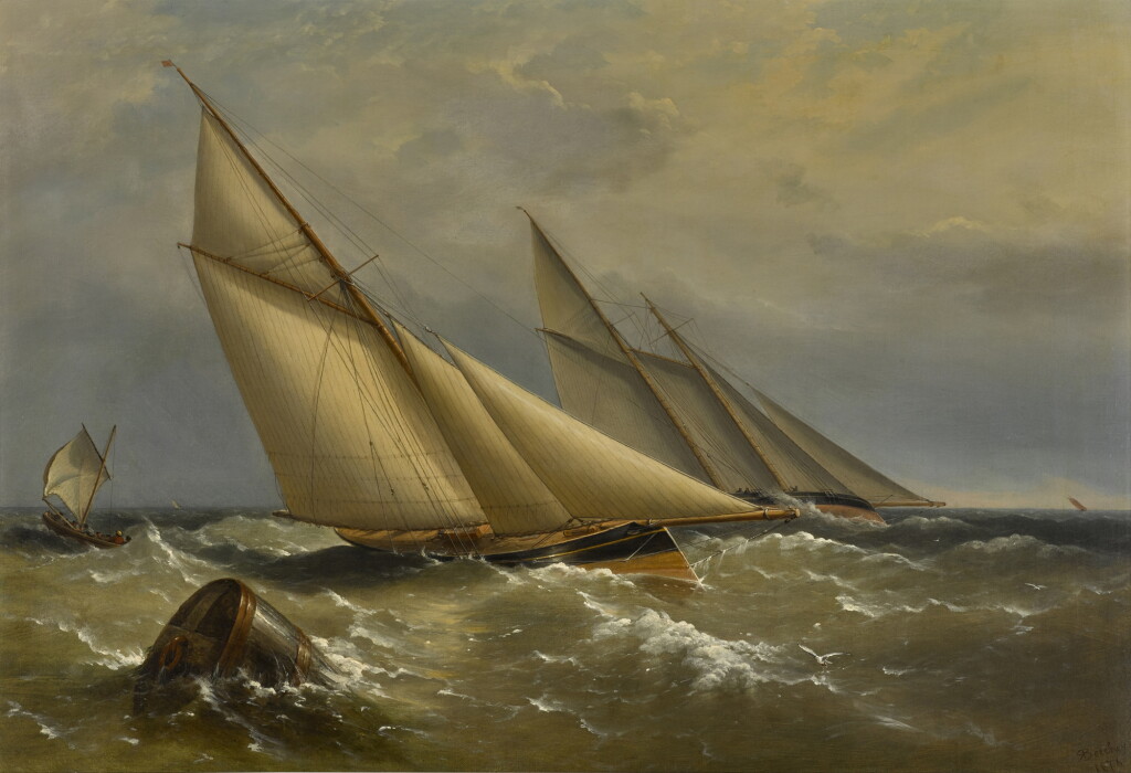 View full screen - View 1 of Lot 116. A Pilot Cutter and Schooner tacking in choppy waters.