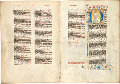 View full screen - View 1 of Lot 5. Vincent Beauvais | Speculum historiale in Latin bifolium on vellum with large illuminated historiated initial | Netherlands | c.1430.