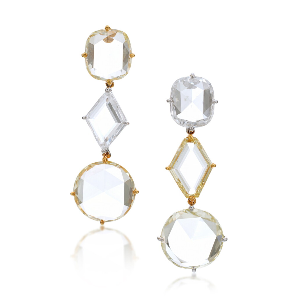 View full screen - View 1 of Lot 832. Pair of Coloured Diamond and Diamond Pendent Earrings.