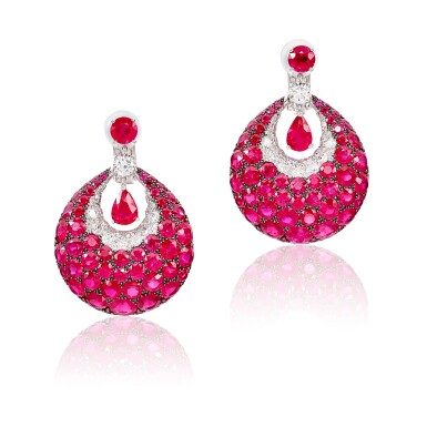 View full screen - View 1 of Lot 1629. 'Bombé Classic' Pair of Ruby and Diamond Pendent Earrings | 格拉夫 | 'Bombé Classic' 紅寶石 配 鑽石 耳墜一對.