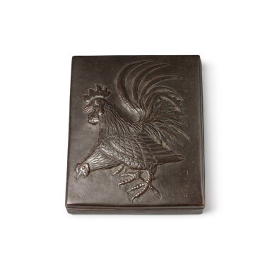 View full screen - View 1 of Lot 631. A Myochin Repousse Iron Suzuribako, signed Myochin Munemasa saku, Late Edo Period, 19th Century | 明珍打ち出し鉄箱 鶏模様 明珍宗一、江戸時代、18世紀後期 | 日本 江戶 十八世紀末 明珍鐵捶揲錦鷄圖蓋盒.