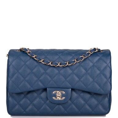 View full screen - View 1 of Lot 113. Chanel Navy Quilted Jumbo Classic Double Flap of Caviar Leather with Light Gold Tone Hardware.