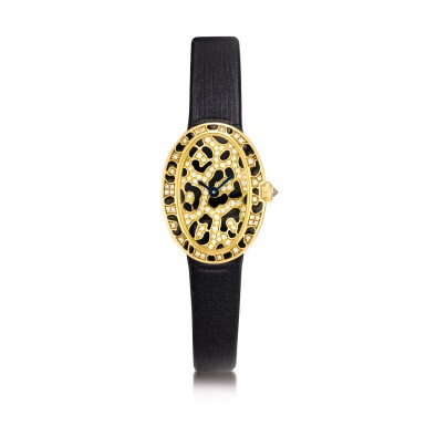 View full screen - View 1 of Lot 2054. Cartier | Mini Baignoire Panther Spots, A yellow gold, black enamel and diamond-set wristwatch, Circa 2005 | 卡地亞 | Mini Baignoire Panther Spots 黃金鑲黑色琺瑯及鑽石腕錶,約2005年製.