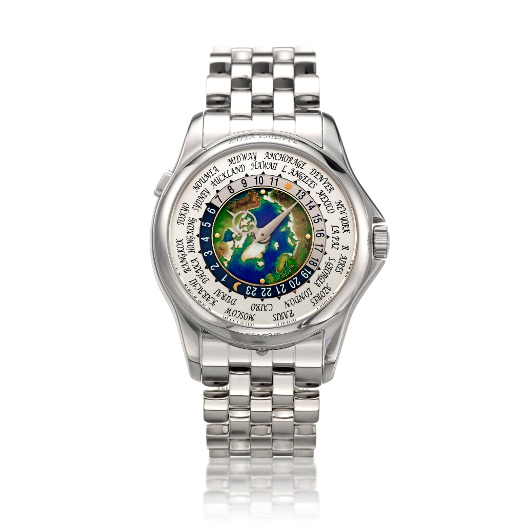 View full screen - View 1 of Lot 147. Reference 5131/1P-001, Retailed by Tiffany & Co.: A platinum automatic world time wristwatch with cloisonné enamel dial and bracelet, Circa 2018 百達翡麗 5131/1P-001 型號鉑金自動上鏈世界時間鍊帶腕錶配掐絲琺瑯錶盤,約2018年製,零售商為蒂芙尼.
