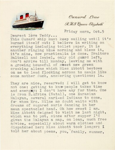View full screen - View 1 of Lot 9. Sylvia Plath | Typed letter signed, to Ted Hughes, on "my own private doctrine", with a poem, 5 October 1956.