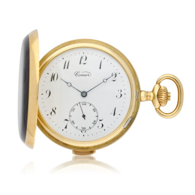 View full screen - View 1 of Lot 99. No. 251299 A gold hunting cased keyless lever repeating watch with enamel painted figures in 17th Century Dutch style Circa 1980.