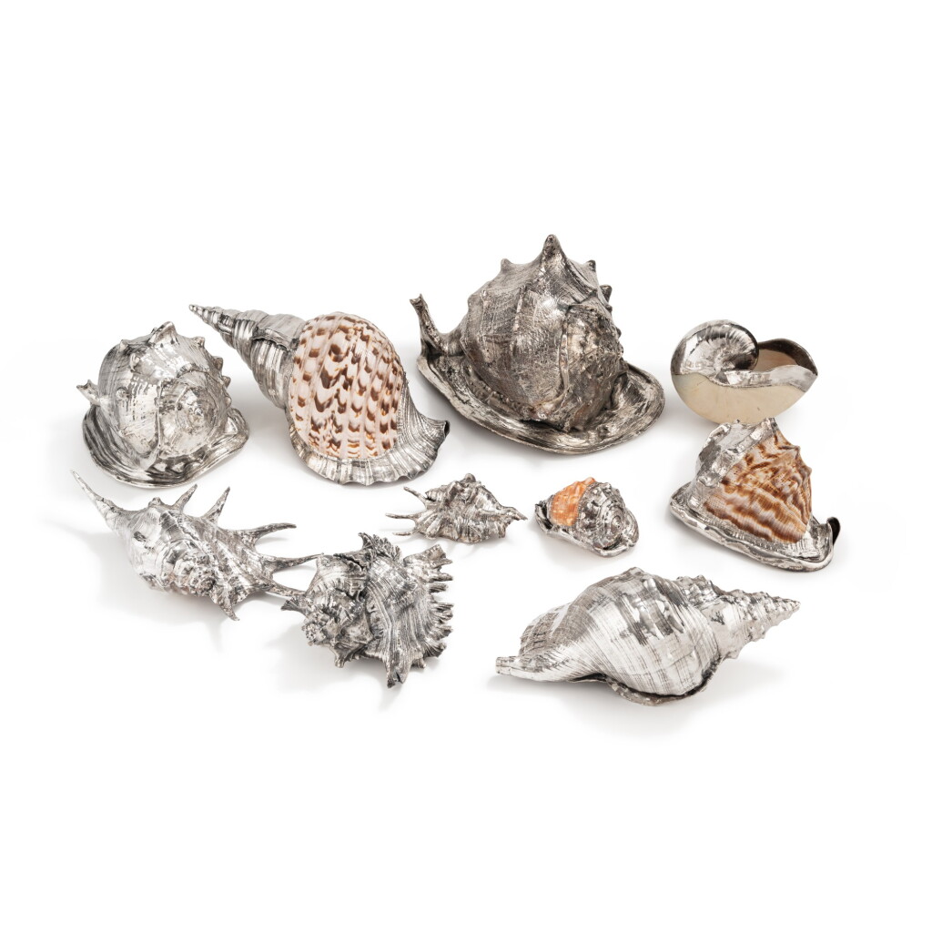 View full screen - View 1 of Lot 338. A set of 10 silver covered shells, Italy, 20th century | Ensemble de 10 coquillages recouverts en argent, Italie, XXe siècle.