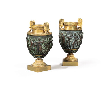 View full screen - View 1 of Lot 287. A pair of patinated and gilt-bronze vases, probably late 19th century.