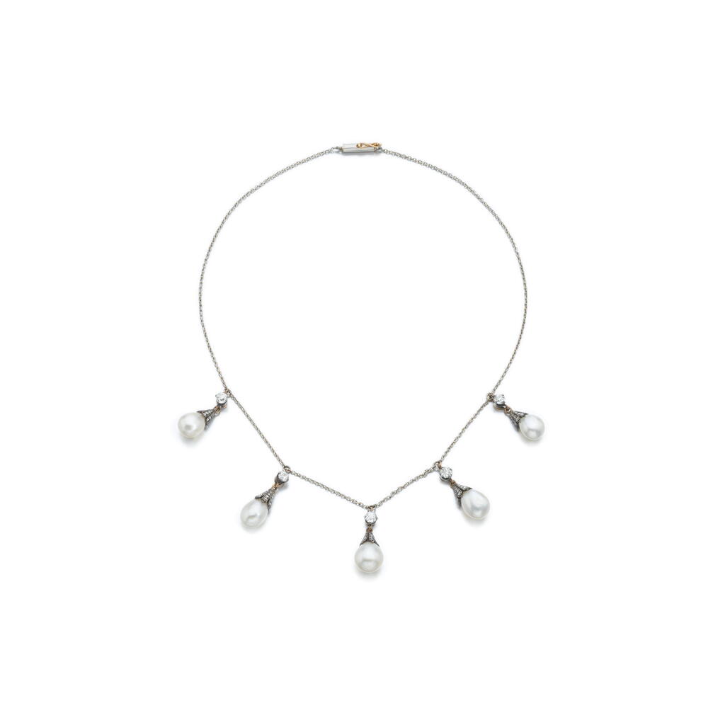 View full screen - View 1 of Lot 1162. Natural pearl and diamond necklace, late 19th century and later.