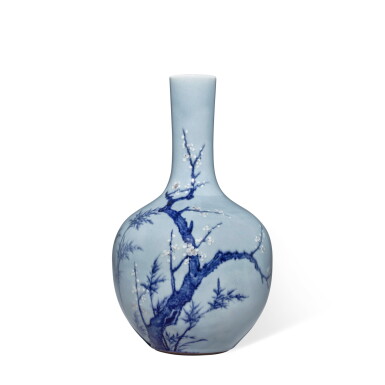 View full screen - View 1 of Lot 19. A lavender-blue-ground slip-decorated underglaze-blue and copper-red 'prunus' vase, Qing dynasty, 18th century | 清十八世紀 天藍地青花釉裏紅梅竹雙清紋瓶 .