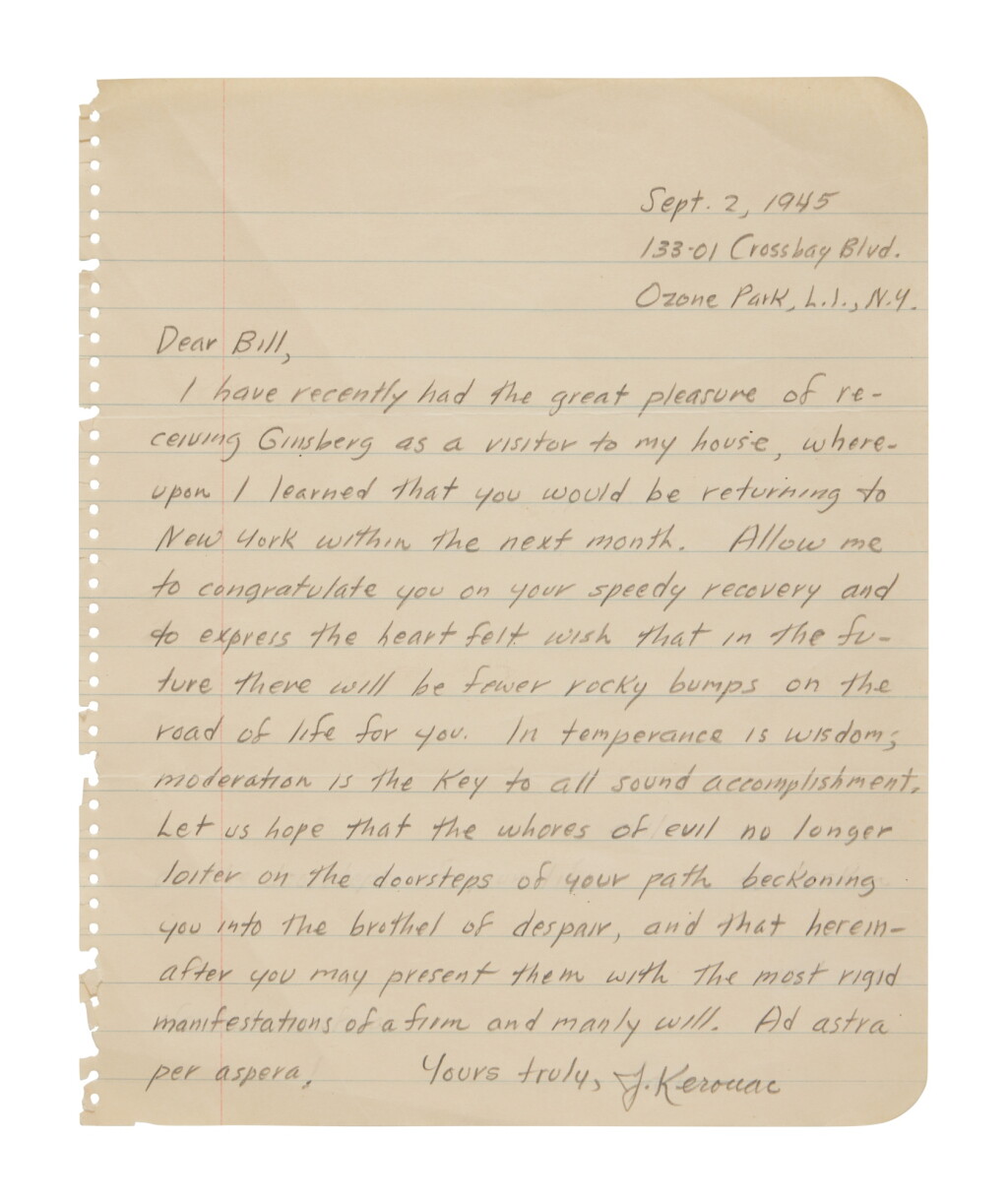 View full screen - View 1 of Lot 39. Kerouac, Jack | Autograph letter signed to William Burroughs, alluding to his heroin addiction.