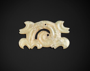 View full screen - View 1 of Lot 91. A pale yellowish-brown jade cloud-shaped pendant Neolithic period, Hongshan culture | 新石器時代 紅山文化玉勾雲形珮.