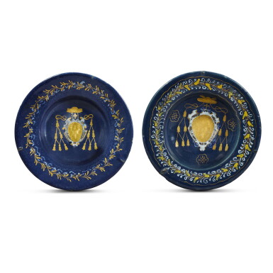 View full screen - View 1 of Lot 5. Two Castelli maiolica blue-ground armorial 'Turchino-Ware' dishes, late 16th century.