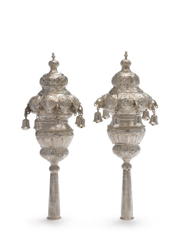 View full screen - View 1 of Lot 120. A PAIR OF SILVER BAROQUE-STYLE TORAH FINIALS, PROBABLY NORTH AFRICAN, EARLY 20TH CENTURY.
