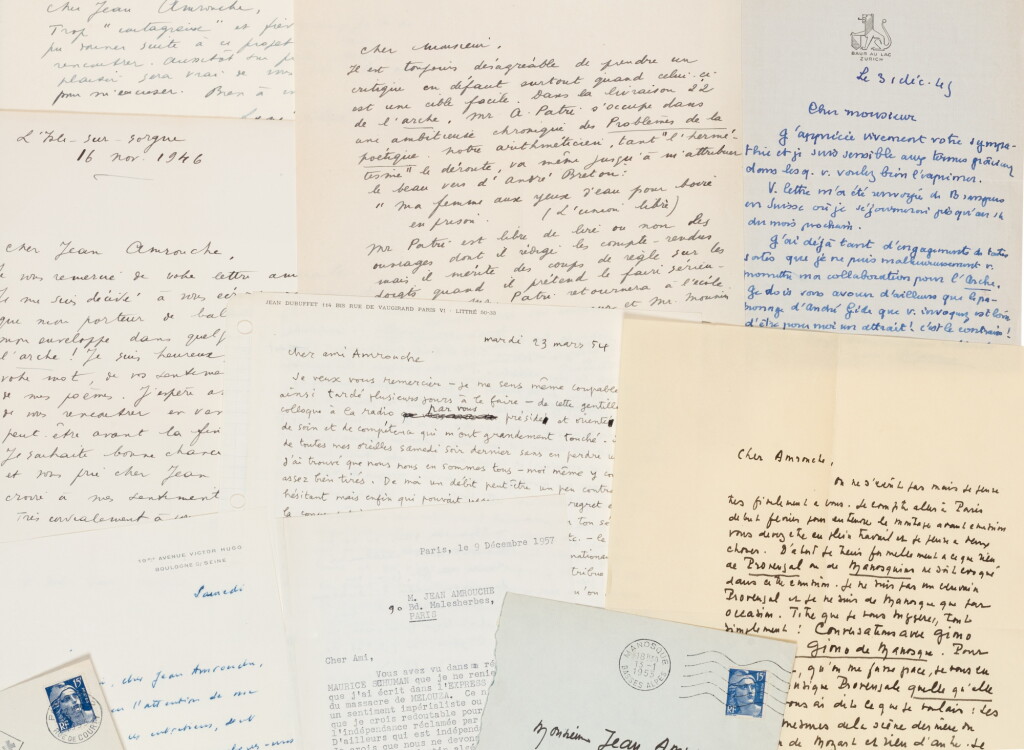 View full screen - View 1 of Lot 60. Lettres adressées à Amrouche, par René Char, Paul Claudel, Jean Dubuffet, Jean Giono, André Malraux et François Mauriac..