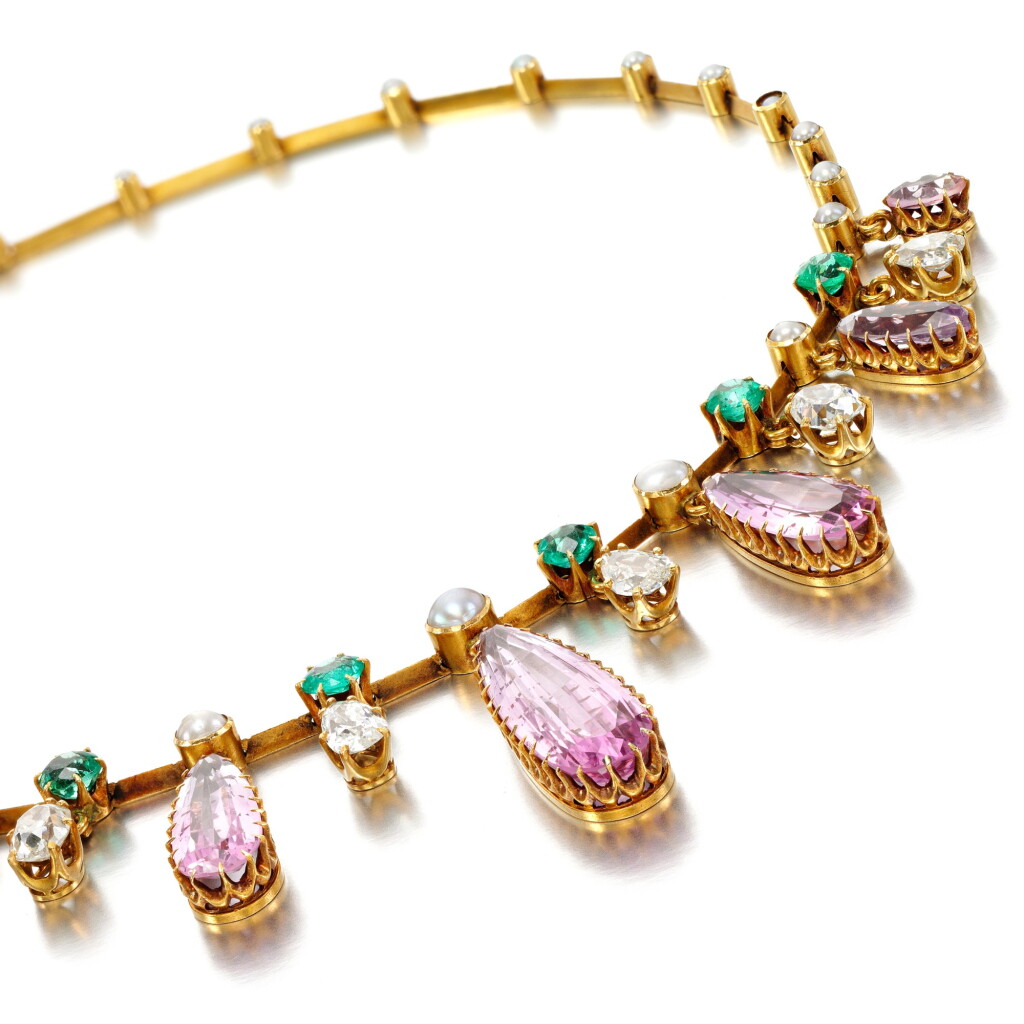 View full screen - View 1 of Lot 29. Pink topaz, emerald, pearl and diamond necklace, late 19th century.