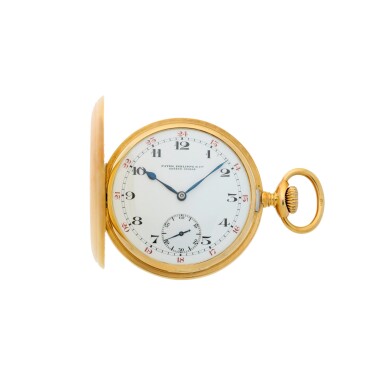 View full screen - View 1 of Lot 100. A yellow gold hunting cased watch with chain, Made in 1920.