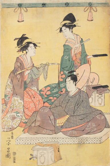 View full screen - View 1 of Lot 202. Chōkōsai Eishō (active between 1790-1799), A Parody of the Adulthood Ceremony of Lord Narihira, Japan, Edo period, 1796-1798 | 日本 江戶時代 1796-1798年 鳥高齋榮昌 《業平朝臣初冠略》 木刻版畫.