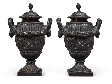 View full screen - View 1 of Lot 83. A PAIR OF LOUIS XVI STYLE PATINATED BRONZE URNS AND COVERS, AFTER CLODION, CIRCA 1900.