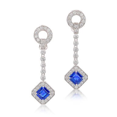 View full screen - View 1 of Lot 346. Pair of Sapphire and Diamond Pendent Earrings | 卡地亞 | 1.32 及1.22 克拉 天然 「喀什米爾」未經加熱藍寶石 配 鑽石 耳墜一對.