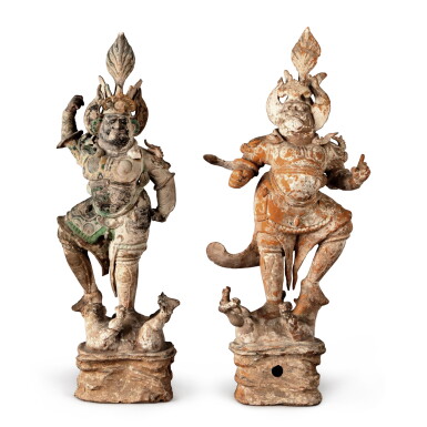View full screen - View 1 of Lot 165. Two painted pottery figures of Lokapala, Tang dynasty | 唐 陶加彩天王俑兩尊.