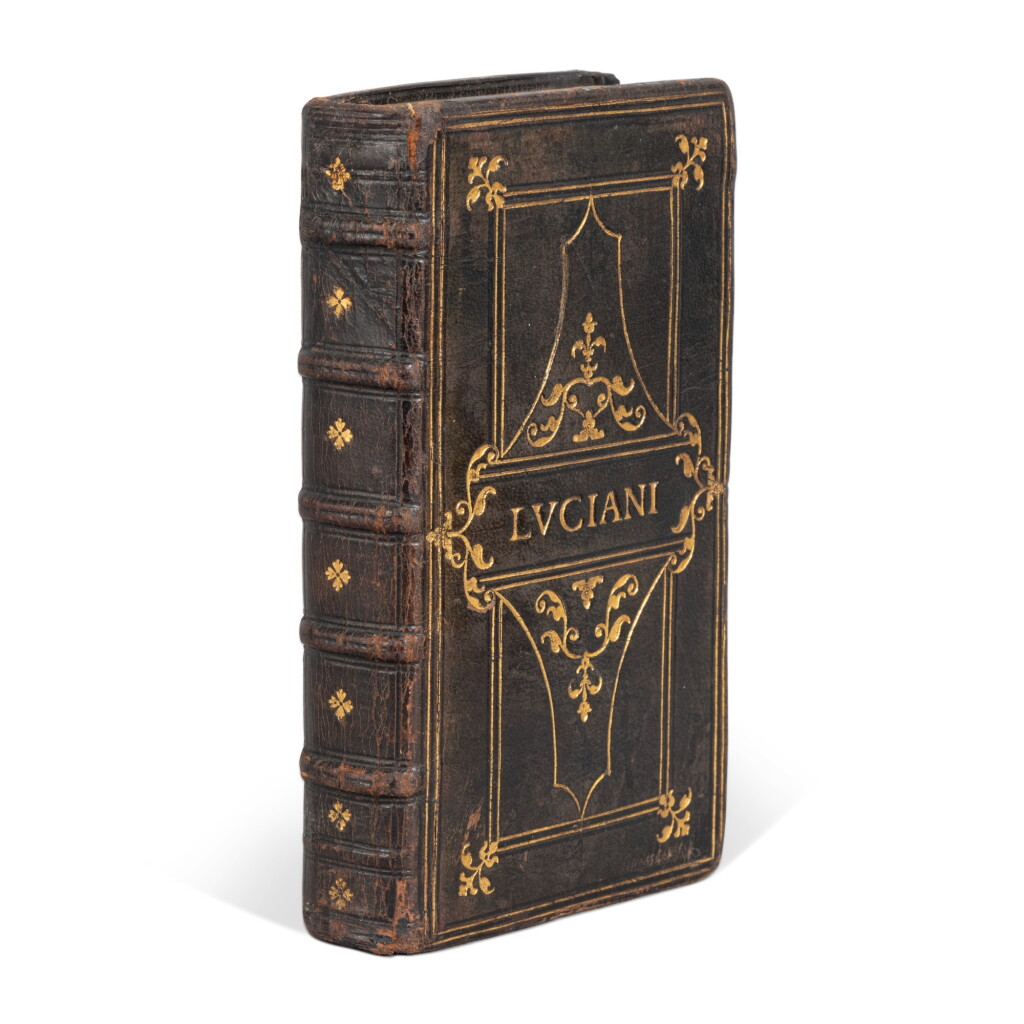 View full screen - View 1 of Lot 871. Lucianus Samosatensis, Opuscula Erasmo Roterodamo interprete, Venice, Heirs of Aldo & Torresano, 1516, Parisian black morocco, 1540s, by Salel Binder, Sykes-Payne-Fortescue copy.