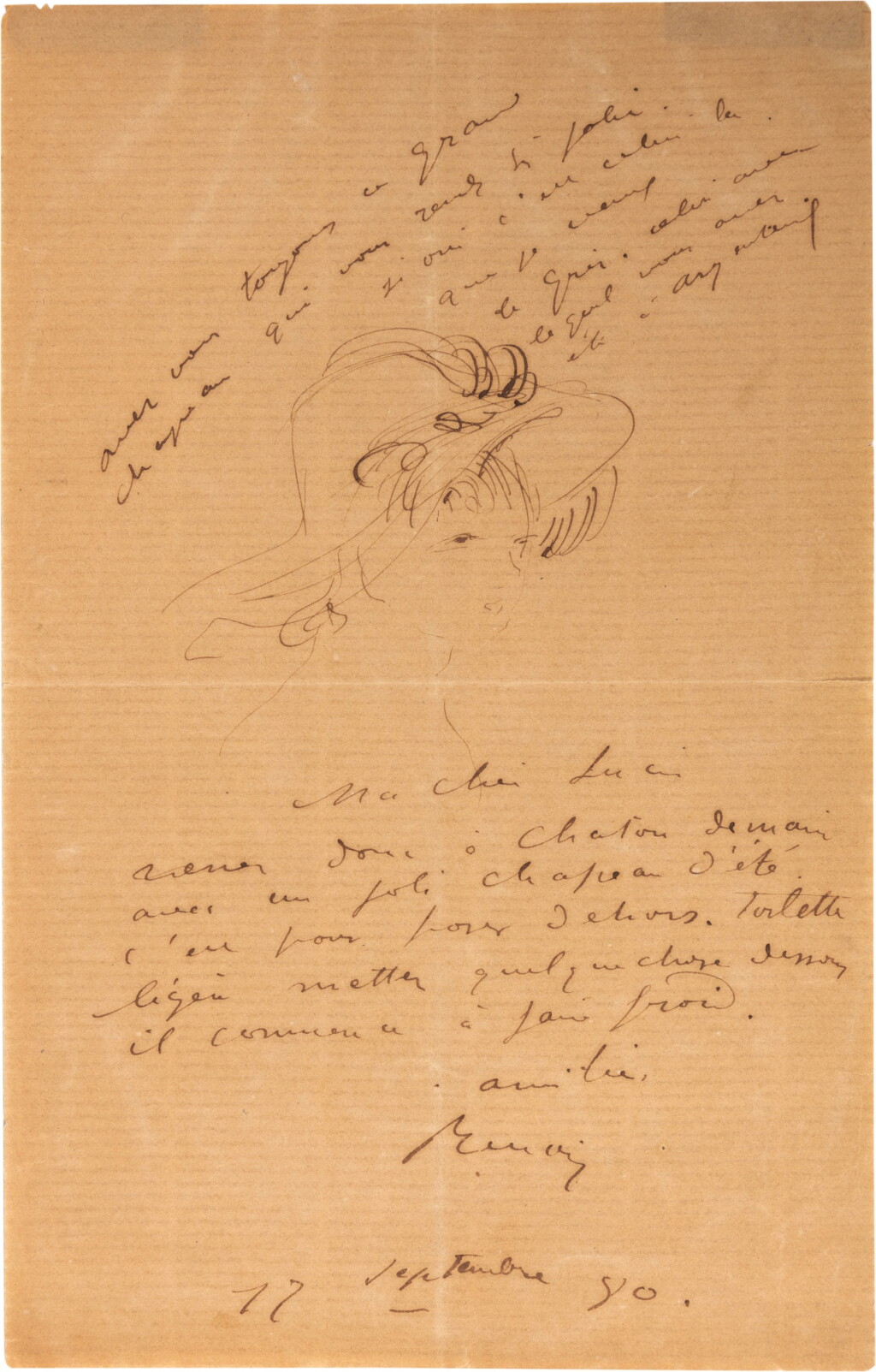 View full screen - View 1 of Lot 53. 2 lettres autographes signées, dont une illustrée d'un dessin original. La première à l'un de ses modèles et la seconde au collectionneur Paul Bérard..