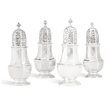View full screen - View 1 of Lot 34. A group of four George I/II silver casters, three Charles Adams, one Samuel Welder, London, 1716-1724.
