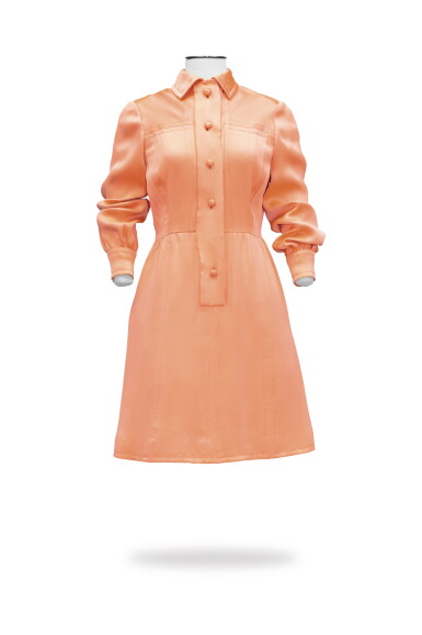 View full screen - View 1 of Lot 8. Capucci, Haute couture, circa 1962 - 1968, Satin shirt dress with matching ascot-collar blouse | Robe chemise en satin avec lavalière assortie.