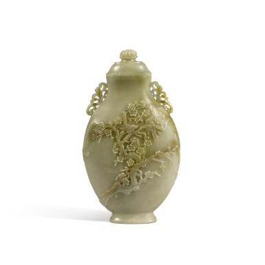 View full screen - View 1 of Lot 69. A celadon jade 'magpie and prunus' vase and cover, Late Qing dynasty / Republic period.