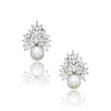 View full screen - View 1 of Lot 433. Pair of Cultured Pearl and Diamond Earclips.