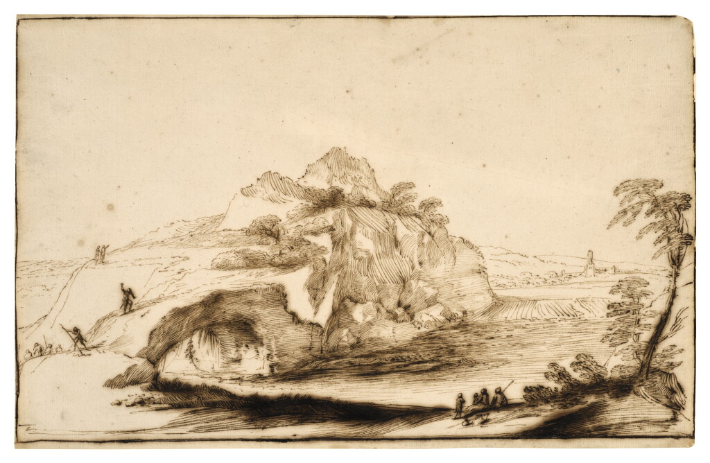View full screen - View 1 of Lot 202. Landscape with a natural bridge, with men killing serpents.