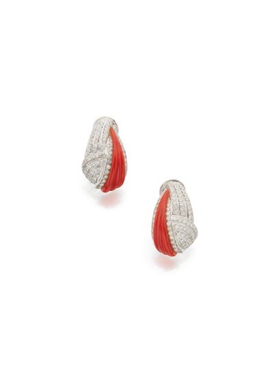 View full screen - View 1 of Lot 34. PAIR OF CORAL AND DIAMOND EARCLIPS, VAN CLEEF & ARPELS.