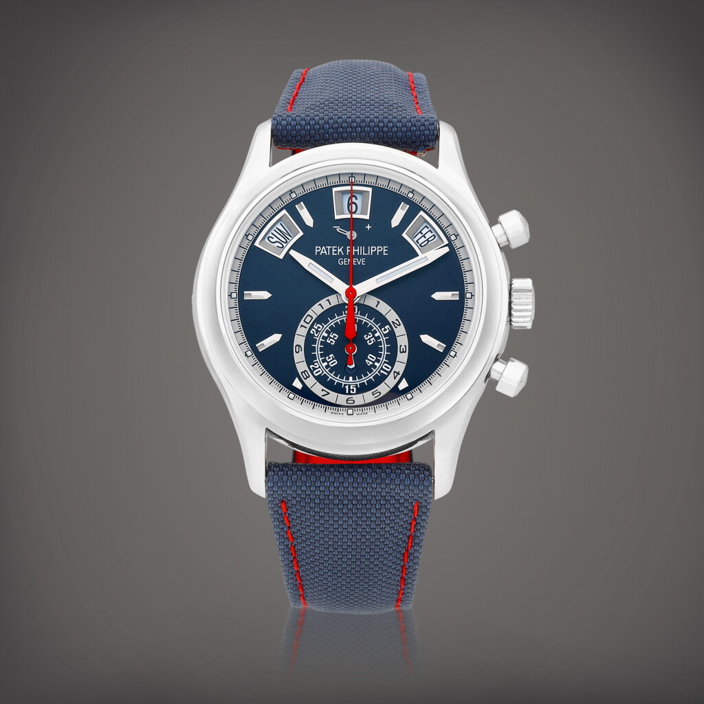 View full screen - View 1 of Lot 2157. Reference 5960 | A white gold annual calendar flyback chronograph wristwatch with power reserve and day and night indication, Circa 2020 | 百達翡麗 | 型號5960 | 白金年曆飛返計時腕錶,備動力儲備及晝夜顯示,約2020年製.