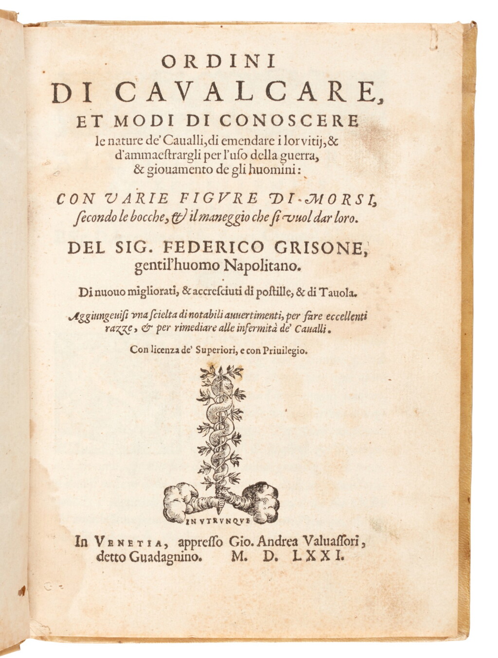 View full screen - View 1 of Lot 119. Grisone, Ordini di cavalcare, Venice, 1571, old vellum.