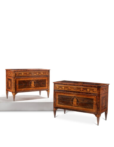 View full screen - View 1 of Lot 167. A pair of Italian tulipwood, maple and Rio rosewood marquetry commodes, Milan, last quarter of 18th century, in the taste of Giuseppe Maggiolini.