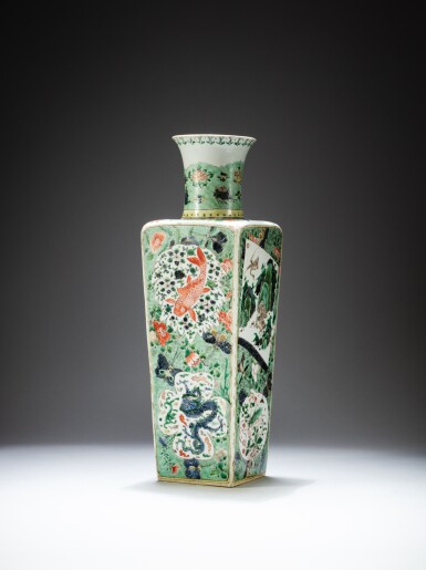 View full screen - View 1 of Lot 63. A famille-verte 'dragon and flower' square vase, Qing dynasty, 18th - 19th century | 清十八至十九世纪 五彩花卉龍紋方瓶.
