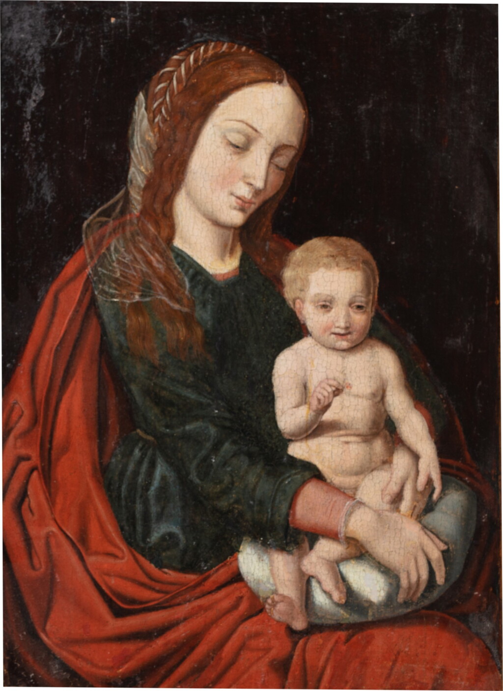 View full screen - View 1 of Lot 19. Follower of the Master of Moulins, Virgin and Child | Suiveur du Maître de Moulins, Vierge à l’Enfant.