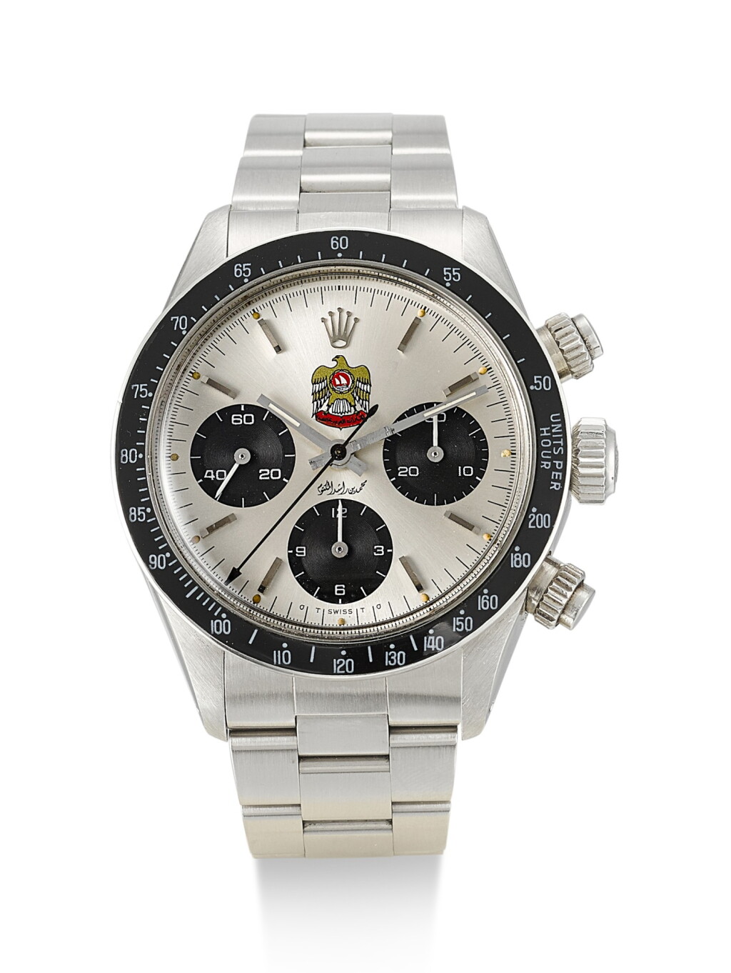 View full screen - View 1 of Lot 5. ROLEX | DAYTONA, REFERENCE 6263, A STAINLESS STEEL CHRONOGRAPH WRISTWATCH WITH UAE QURAYSH HAWK DIAL, MADE FOR MOHAMMED BIN RASHID AL MAKTOUM, CIRCA 1975.