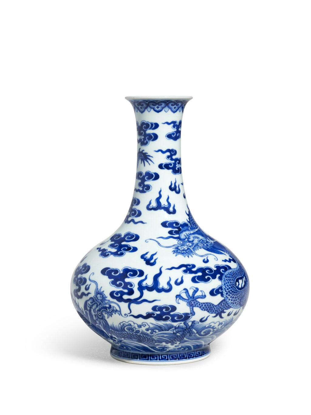 View full screen - View 1 of Lot 3647. A rare blue and white ‘dragon’ bottle vase, Seal mark and period of Jiaqing | 清嘉慶 青花蒼龍教子圖荸薺瓶 《大清嘉慶年製》款.