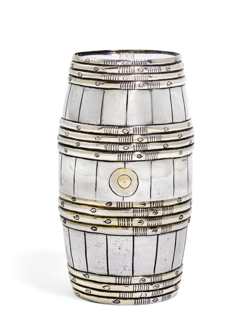 View full screen - View 1 of Lot 22. A Parcel-gilt silver barrel-shaped double beaker, unmarked, probably German, circa 1700.