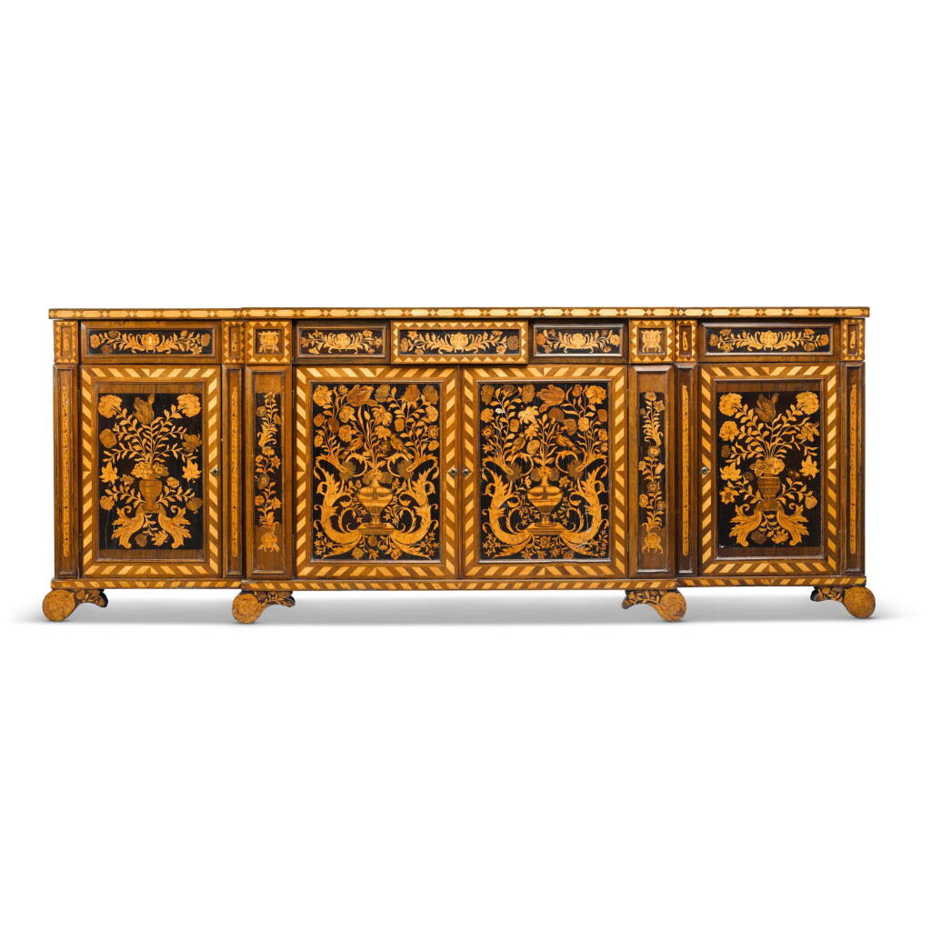 View full screen - View 1 of Lot 105. A William IV ebony and inlaid rosewood breakfront side cabinet, second quarter 19th century, incorporating earlier Dutch marquetry panels.